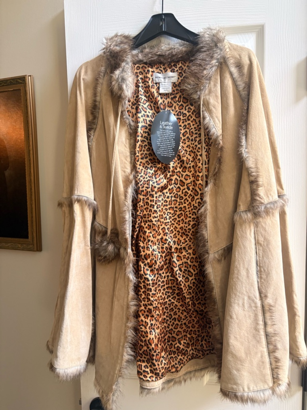 Newport News Tan Suede Coat with Leopard Print Lining
